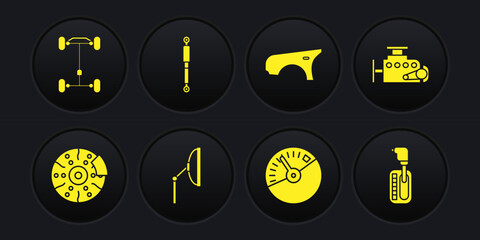 Set Car brake disk with caliper, engine, Windscreen wiper, Speedometer, fender, Shock absorber, Gear shifter and Chassis car icon. Vector
