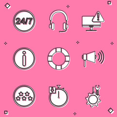 Set Clock 24 hours, Headphones, Monitor with exclamation mark, Information, Lifebuoy, Megaphone, Five stars rating review and Stopwatch icon. Vector