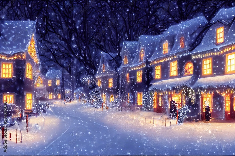 Wall mural winter snowy small cozy street with lights in houses, falling snow town night landscape. winter holi