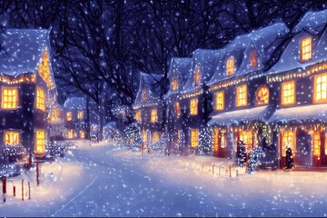 Winter snowy small cozy street with lights in houses, falling snow town night landscape. Winter holidays night time backdrop. Merry Christmas vintage retro illustration background.