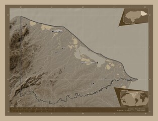 Gracias a Dios, Honduras. Sepia. Labelled points of cities