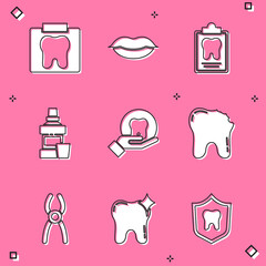 Set X-ray of tooth, Smiling lips, Dental card, Mouthwash bottle, Tooth, Broken, pliers and whitening icon. Vector