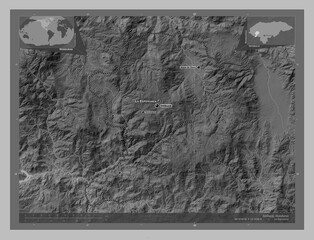 Intibuca, Honduras. Grayscale. Labelled points of cities