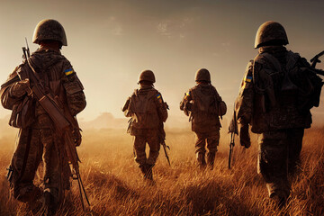 Fototapeta Soldiers of the Ukraine army walking at sunset on a grain battlefield with Ukraine flags patch on their uniforms. Concept of Ukrainian war and glory to resistance army. 3D illustration rendering.  obraz
