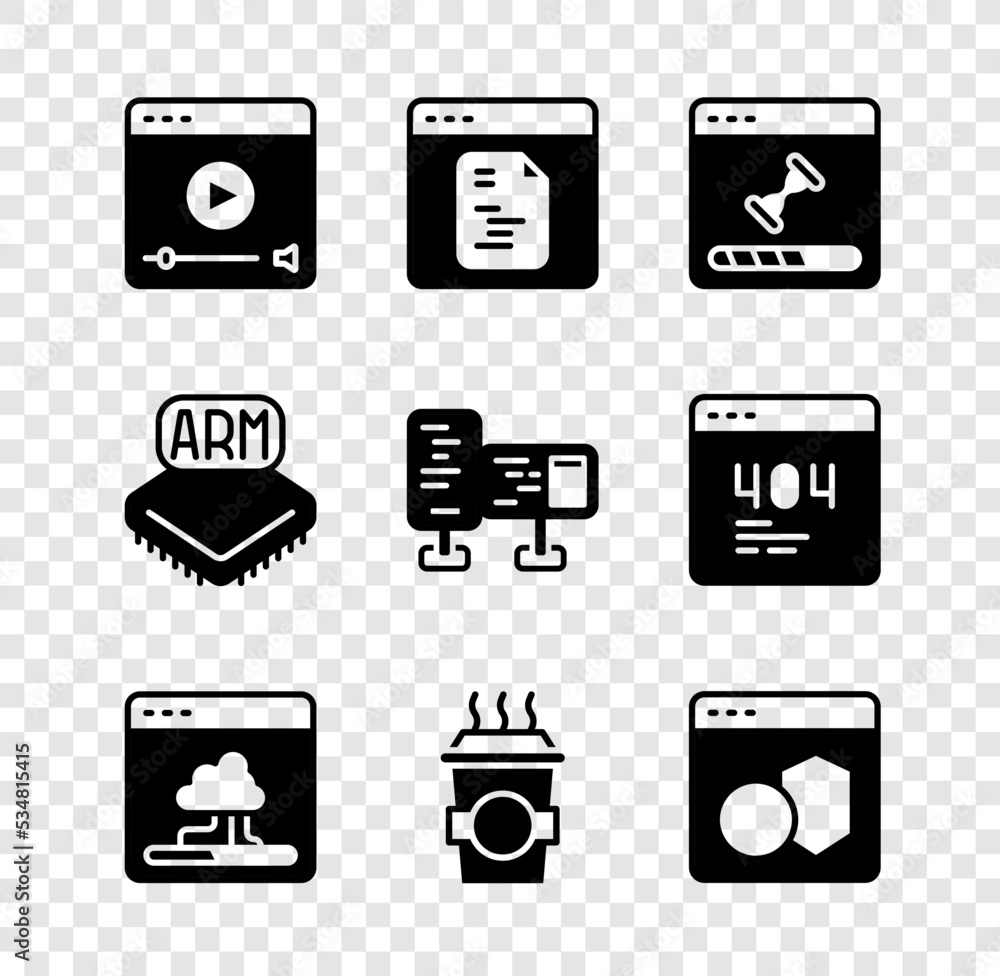 Poster set online play video, software, loading data window, cloud technology transfer, coffee cup to go, p