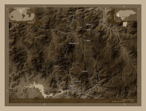 Lempira, Honduras. Sepia. Labelled points of cities