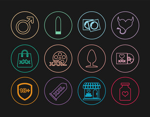 Set line Bottle with pills for potency, Disc inscription Sex, Condoms package, Film reel, Shopping bag triple X, Male gender symbol, Anal plug and Dildo vibrator icon. Vector