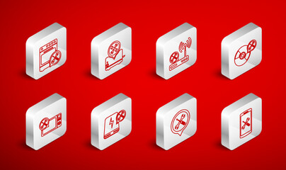 Set line Smartphone service, Toaster, Router wi-fi, CD or DVD disk, Location, Oven, Power bank and Microwave oven icon. Vector