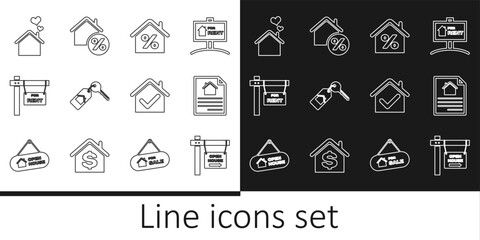 Set line Hanging sign with Open house, House contract, percant, key, For Rent, heart shape, check mark and icon. Vector