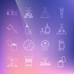 Set line Lighter, Thermos container, Tourist tent, Wooden axe, Flashlight and icon. Vector