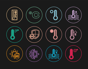 Set line Meteorology thermometer, UV protection, and Celsius icon. Vector