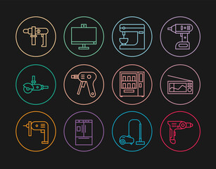 Set line Electric drill machine, Radio, mixer, hot glue gun, Angle grinder, Vending and Computer monitor icon. Vector