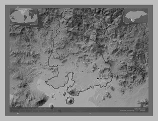 Valle, Honduras. Grayscale. Labelled points of cities