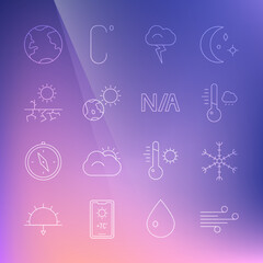 Set line Wind, Snowflake, Meteorology thermometer, Storm, Earth globe and sun, Drought, and Not applicable icon. Vector