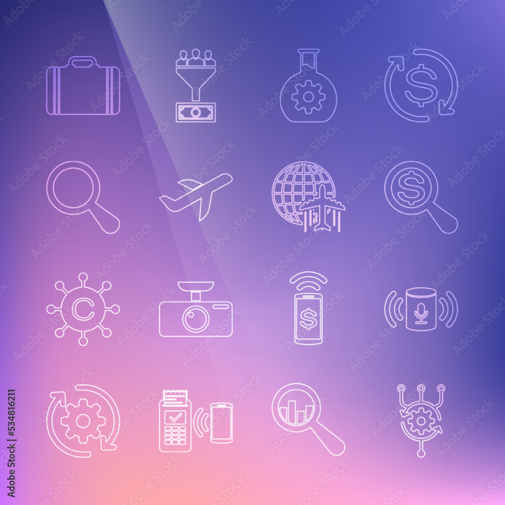 Poster set line algorithm, voice assistant, magnifying glass and dollar, bioengineering, plane, suitcase fo