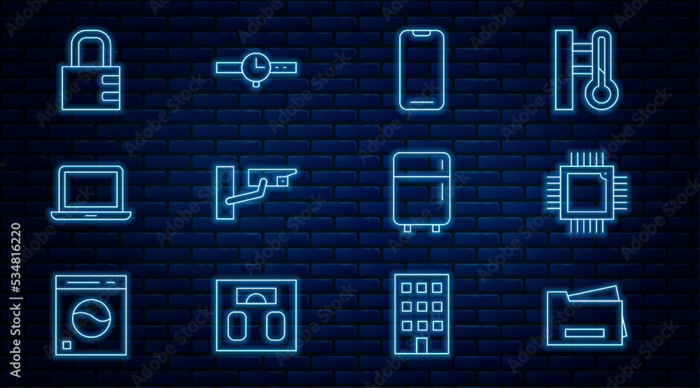 Poster set line printer, processor with microcircuits cpu, smartphone, security camera, laptop, safe combin