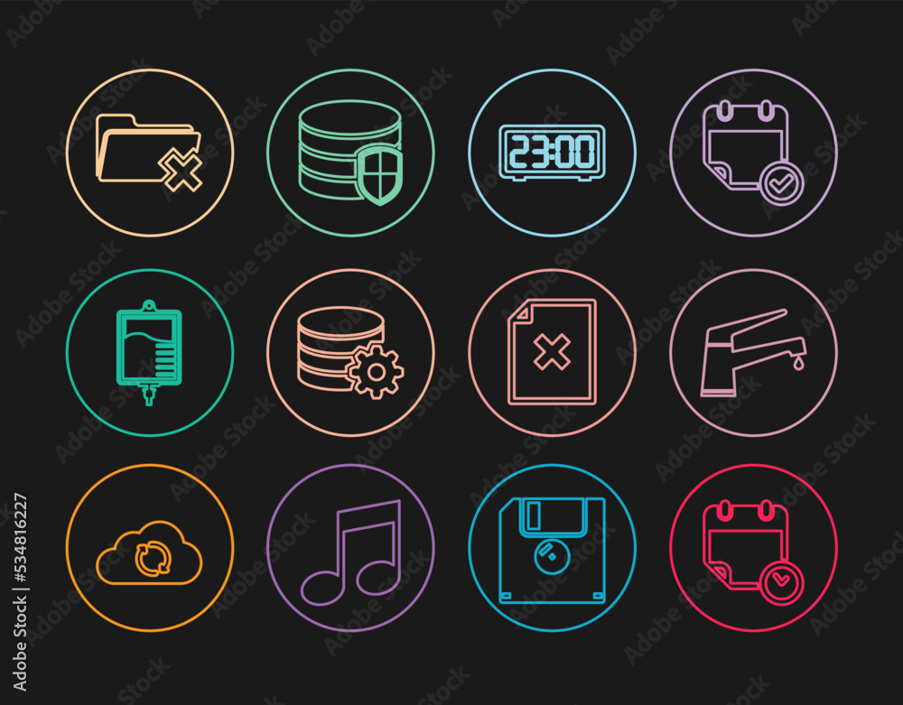 Poster set line calendar and clock, water tap, digital alarm, setting database server, iv bag, delete folde