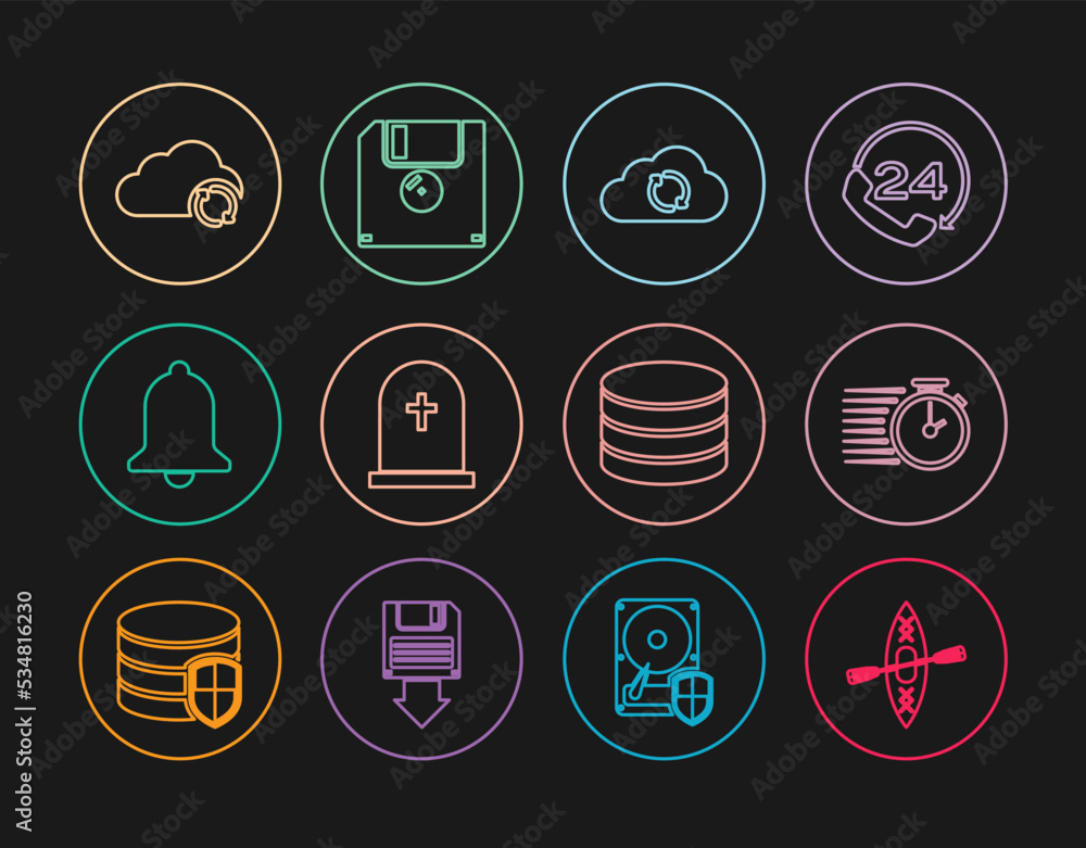 Poster set line kayak and paddle, stopwatch, cloud sync refresh, tombstone with cross, ringing bell, databa