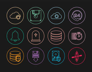 Set line Kayak and paddle, Stopwatch, Cloud sync refresh, Tombstone with cross, Ringing bell, Database and Floppy disk icon. Vector