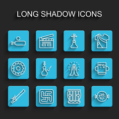 Set line Bamboo flute indian, Hindu swastika, Wood cricket bat and ball, Instrument tabla, Chicken tikka masala, Hookah, Cup of tea leaf and Hands praying position icon. Vector