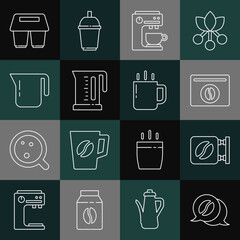 Set line Coffee and conversation, Street signboard coffee, Bag beans, machine, Electric kettle, pot, cup to go and icon. Vector