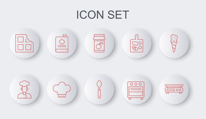 Set line Electronic scales, Cook, Jam jar, Oven, Chocolate bar, Cookbook, Chef hat and Spoon icon. Vector