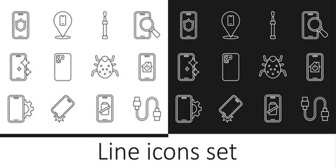 Set line USB cable cord, Mobile with smart home, Screwdriver, Smartphone, Glass screen protector, shield, System bug and Phone repair service icon. Vector
