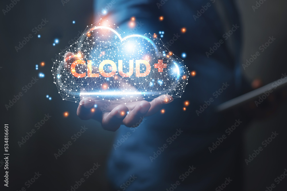 Poster business people display business data online in cloud plus data plus format for business technology 