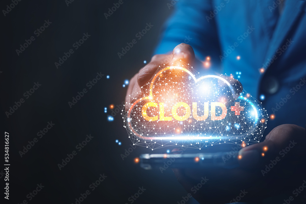 Poster business people display business data online in cloud plus data plus format for business technology 