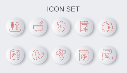 Set line Pack full of seeds of plant, Flour pack, Seed, Wheat, Mortar and pestle, Coffee beans and icon. Vector