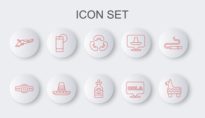 Set line Pinata, Wrestling championship belt, Beans, Hola, Vintage pistols, Tequila glass with lemon, Mexican sombrero and bottle icon. Vector © vector_v