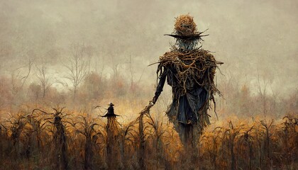 Abstract scarecrow in a spooky field - obrazy, fototapety, plakaty