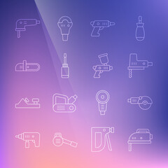 Set line Electric jigsaw, Angle grinder, cordless screwdriver, Screwdriver, Chainsaw, and Paint spray gun icon. Vector