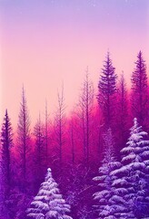 Winter forest snowy frozen trees snow nature scene on purple violet sky sunset or sunrise vintage scenery landscape background. Merry Christmas fantasy backdrop illustration.