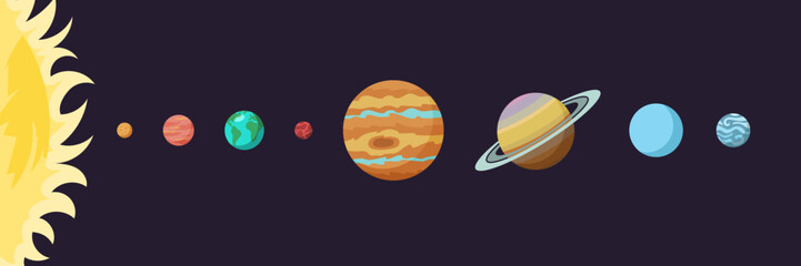 Colorful solar system with line planets in flat design cartoon style. Astronomy education and science banner for kids learning.
