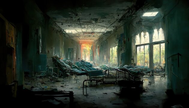 Scary interior of an abandonned hospital concept art illustration