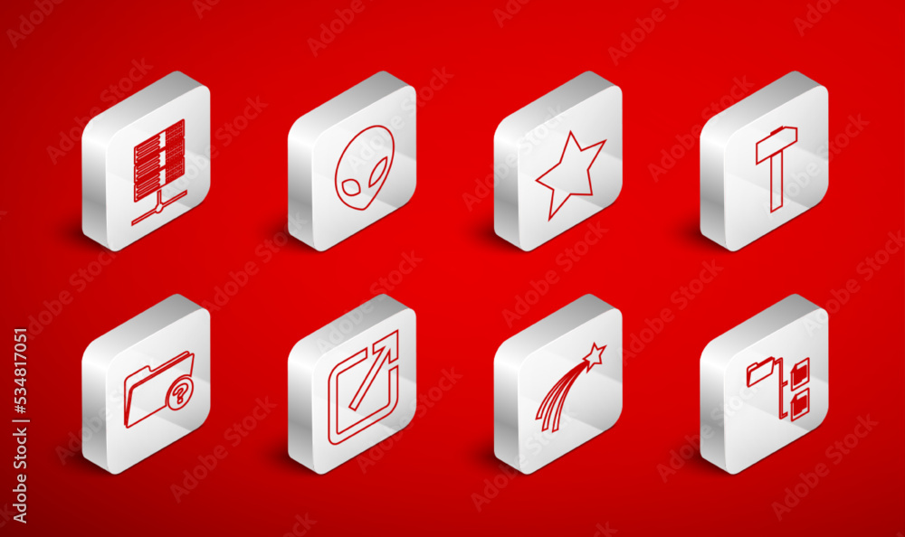 Poster set line folder tree, alien, star, hammer, falling star, server, data, web hosting, open new window 