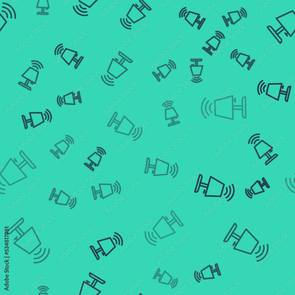 Poster black line smart table lamp system icon isolated seamless pattern on green background. internet of t