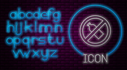 Glowing neon line No plastic bottle icon isolated on brick wall background. Neon light alphabet. Vector Illustration