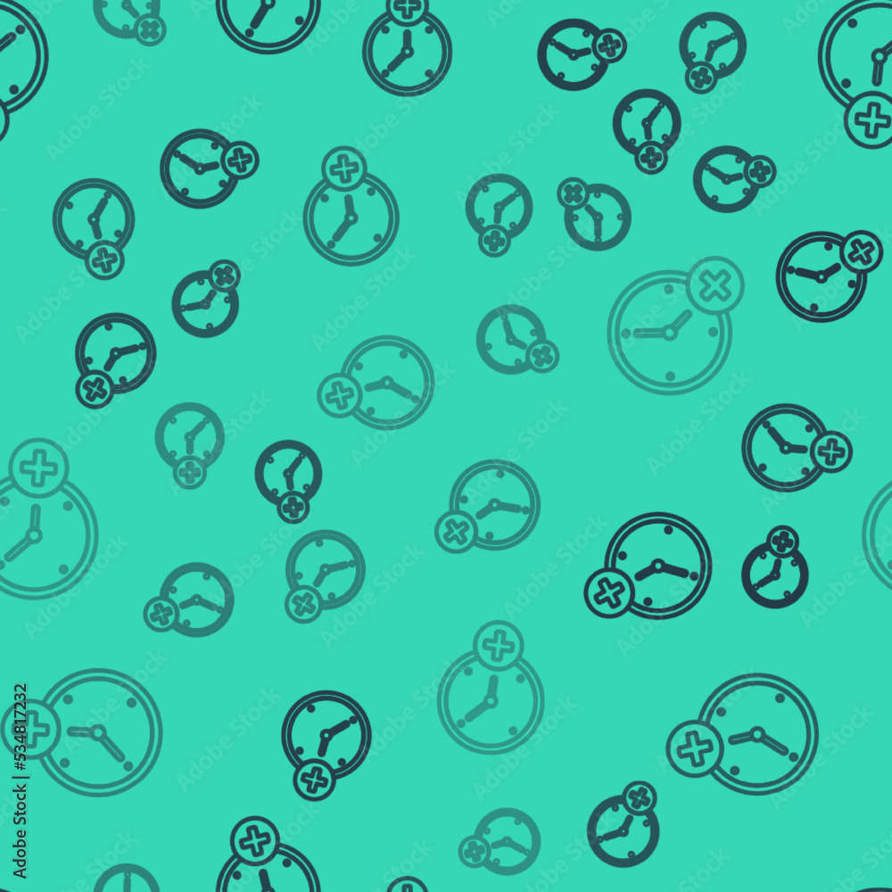 Poster black line clock delete icon isolated seamless pattern on green background. time symbol. vector
