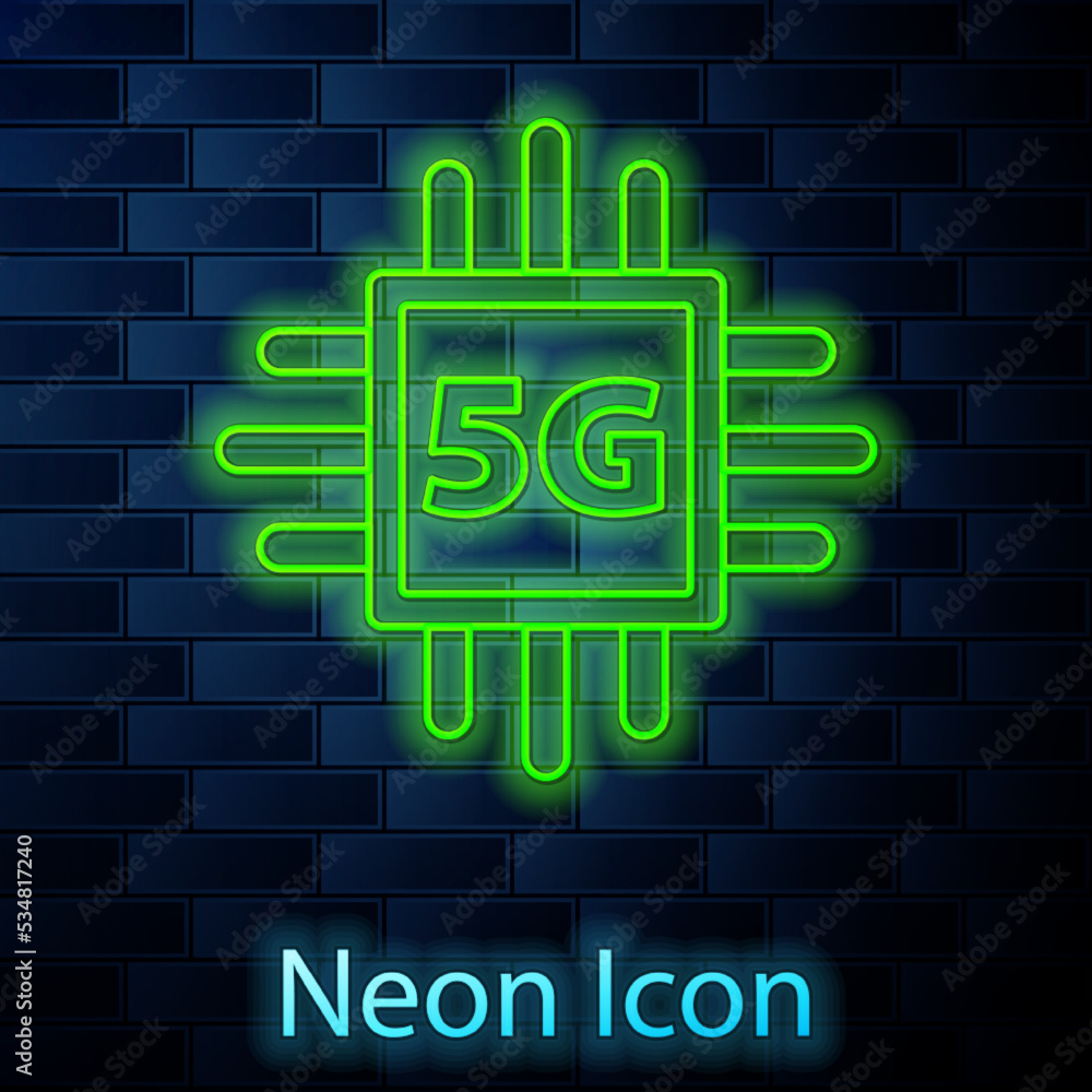 Poster glowing neon line computer processor 5g with microcircuits cpu icon isolated on brick wall backgroun