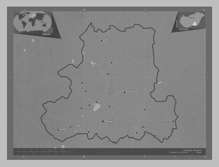 Csongrad, Hungary. Grayscale. Labelled points of cities