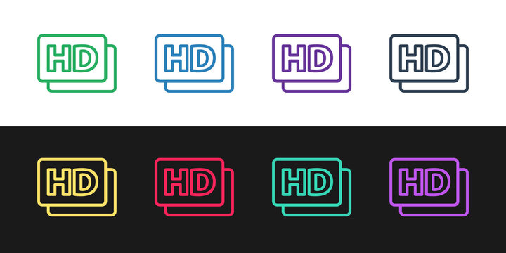 Set line Hd movie, tape, frame icon isolated on black and white background. Vector