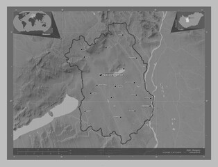 Fejer, Hungary. Grayscale. Labelled points of cities