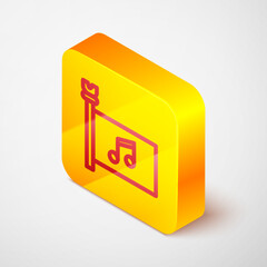 Isometric line Music festival, access, flag, music note icon isolated on grey background. Yellow square button. Vector