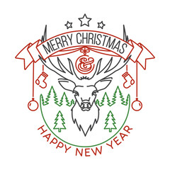 Merry Christmas and Happy New Year stamp, sticker set with elk, forest landscape, hanging christmas ball. Vector. Line art design for xmas, new year emblem in retro style.