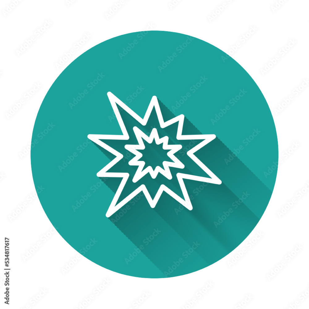 Poster white line bomb explosion with shrapnel and fireball icon isolated with long shadow background. gree