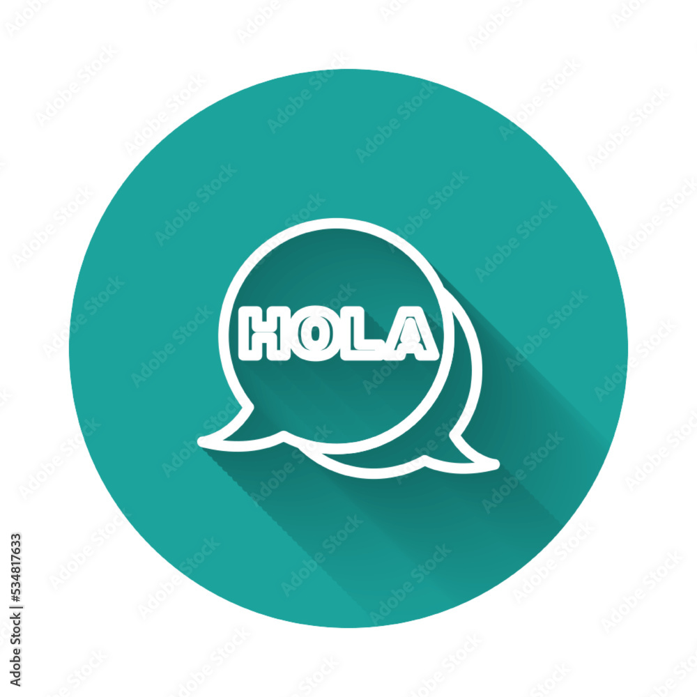 Poster white line hola icon isolated with long shadow background. green circle button. vector