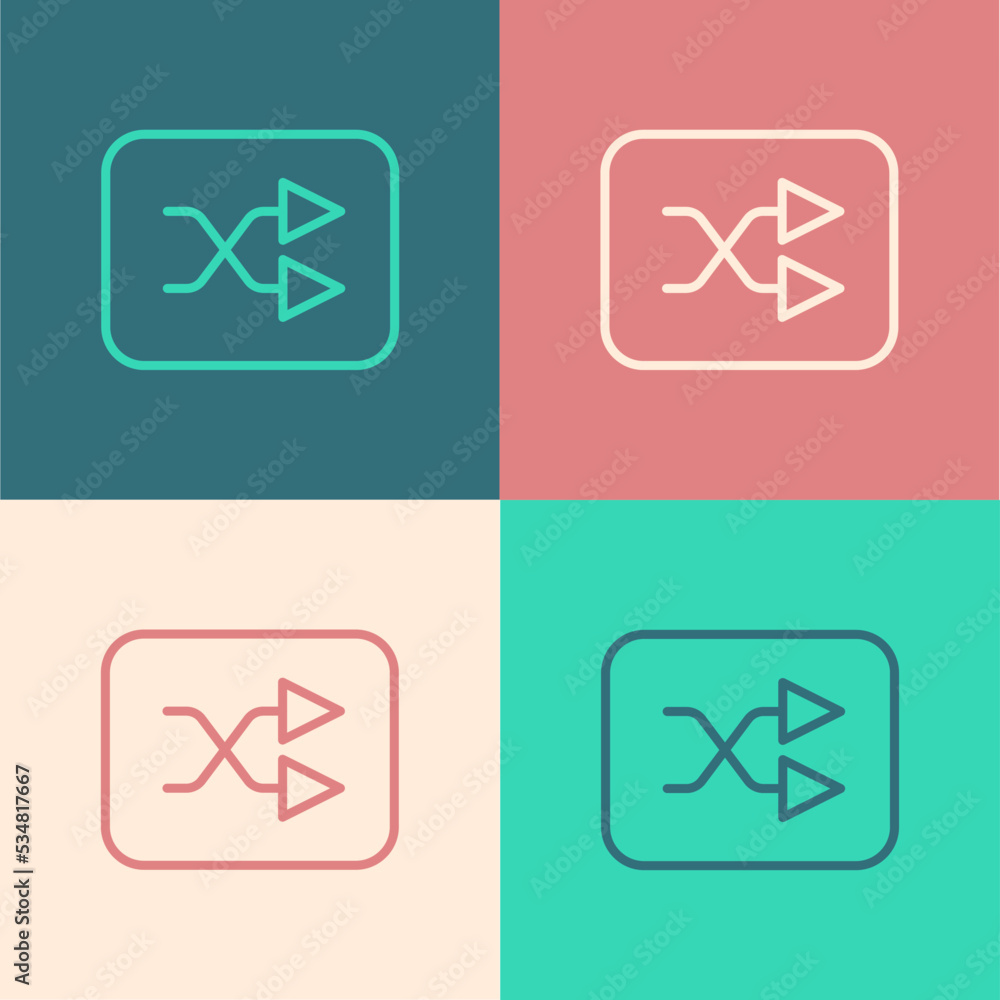Poster pop art line arrow shuffle icon isolated on color background. vector