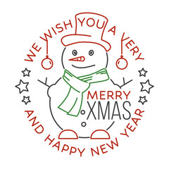 Wish you a very Merry Christmas and Happy New Year stamp, sticker, patch with star, christmas snowman, christmas ball. Vector illustration. Line art design for xmas, new year emblem in retro style.